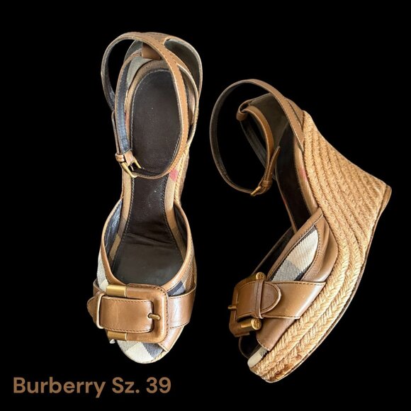 Burberry Brown Leather Novacheck Canvas Buckle Detail Peep Toe Espadrille Wedge - Picture 16 of 16